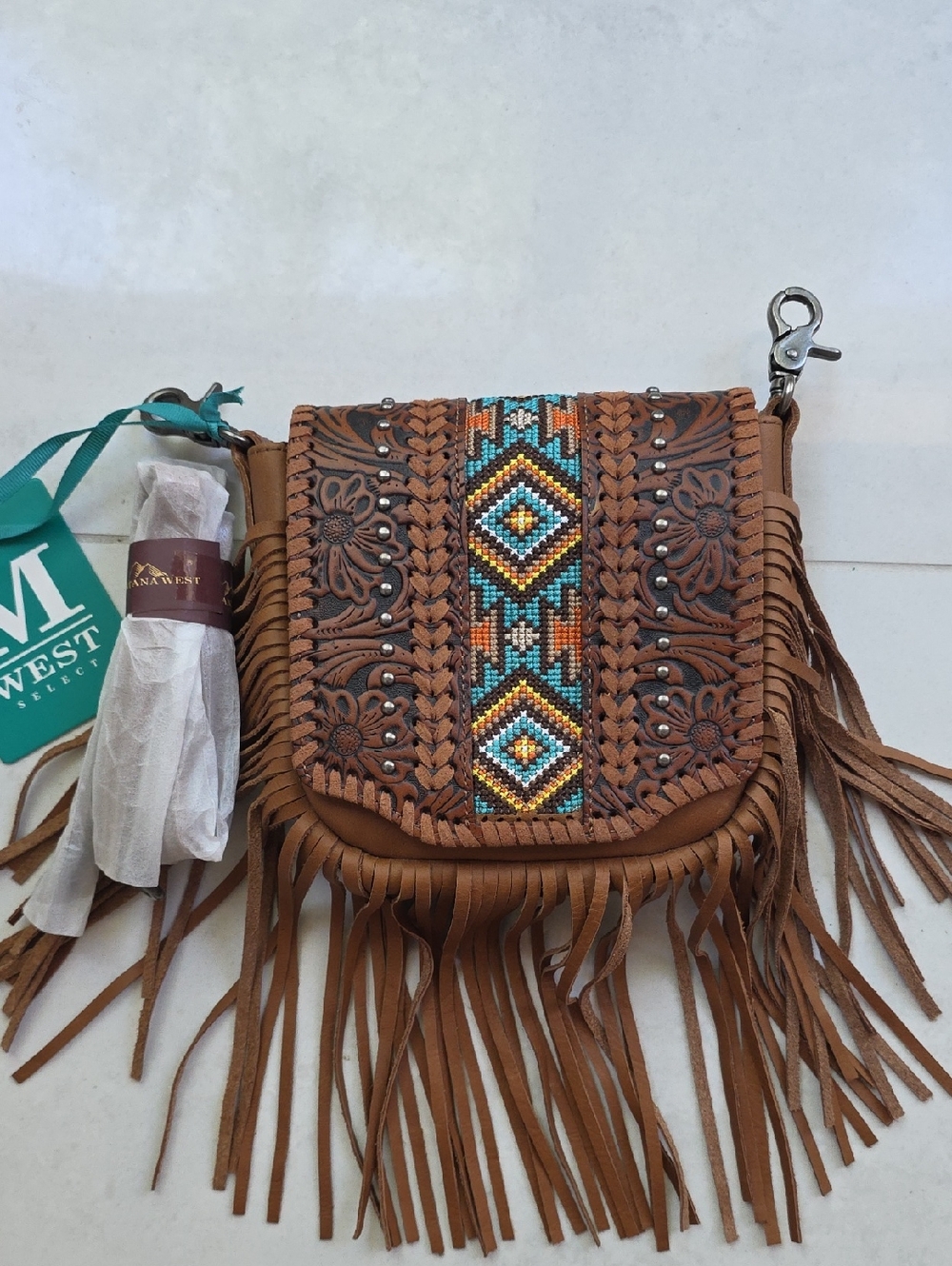 Brand New With Tags Montana West Leather Fringe Tooled Crossbody Bag Small